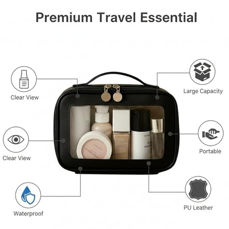 2 Complete Sets of 3-Size Makeup Bags | Premium Transparent & Waterproof Cosmetic Organizer Storage Bag | Travel Toiletry & Skincare Storage Set (Black, L+M+S+MakeupBrushes)