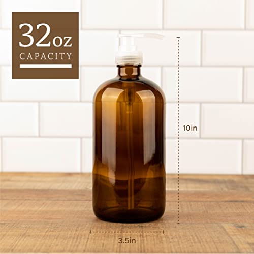 Kitchentoolz 32 Ounce Large Glass Pump Bottles - Refillable Dispenser for Laundry Detergent, Lotion, Soap, Shampoo, Oils. Amber Bottles with Natural Color Pumps - Pack of 4