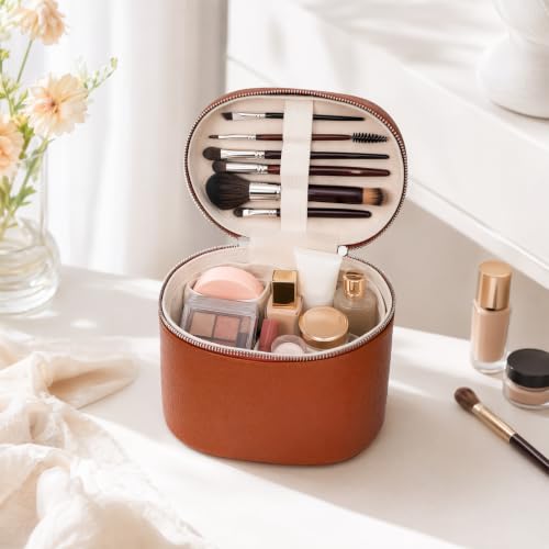 Cosmetic Case Leather Makeup Bag Portable Handheld with Removable Compartments Coffee M (8x5.5x6in)