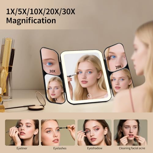 Junyaoxuan Black Tri-fold LED Vanity Mirror with 5X-30X Magnification, Touch Dimming Portable Makeup Mirror for Travel & Home