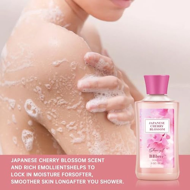 Bath and Body Gift Set for Women and Girls,Japanese Cherry Blossom,4PCS Set for-Shower Gel,Body Lotion,Body Mist,Exfoliating Scrub,Body Care Travel Set for Birthday Mother's Day Gifts