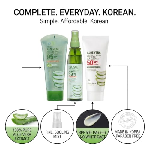 Aloe Vera Skincare Set with Soothing Gel, Facial Mist & SPF50+ Sunscreen – Hydrating Travel Kit