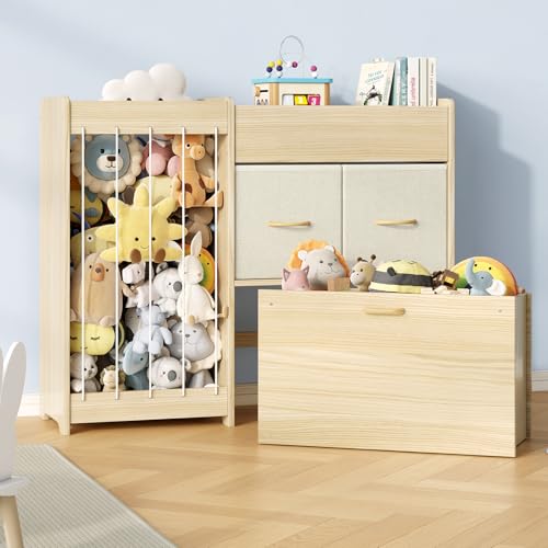 Kids Toy Storage Organizer with Stuffed Animal Shelf - Burlywood Kids Toy Shelf with 2 Drawers & Rolling Chest