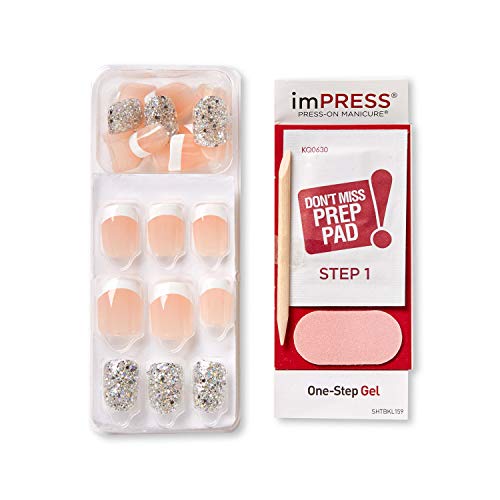 KISS imPRESS Press-On Manicure, Nail Kit, PureFit Technology, Short Press-On Nails, 'Time Slip', Includes Prep Pad, Mini Nail File, Cuticle Stick, and 30 Fake Nails