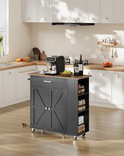 Kitchen Island Cart with Storage and Charging Station - Black and Walnut