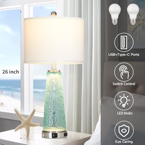 Teal Coastal Glass Table Lamp with USB & Outlet - 26 Inch Nightstand Lighting