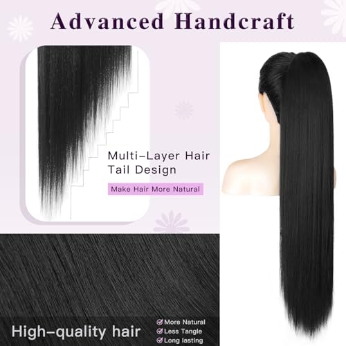 Long Straight Ponytail Extension 32 Inch Black Drawstring Hair for Women