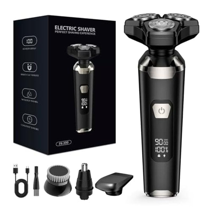 4-in-1 Electric Razor for Men, Magnetic Floating Heads, LED Display, IPX7 Waterproof, Travel Lock & Nose Trimmer - Complete Grooming Kit Gift Set