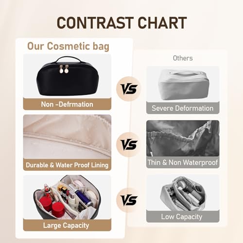 ETTP Waterproof PU Leather Large Capacity Cosmetic Bag for Women with Divider & Handle - Travel Makeup & Toiletry Organizer (Black)