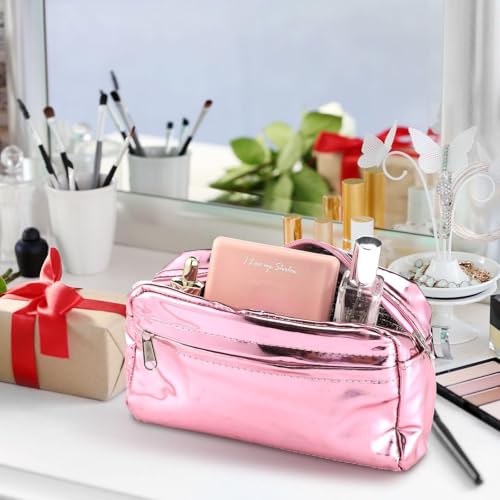 Pink Insulated Makeup Bag for Car Cosmetic Bag for Women Girls Metallic PU Portable Zippered Makeup Pouch Travel Organizer Shields Cosmetics from Freezing Melting Party Gifts, 7.9''x4.7''