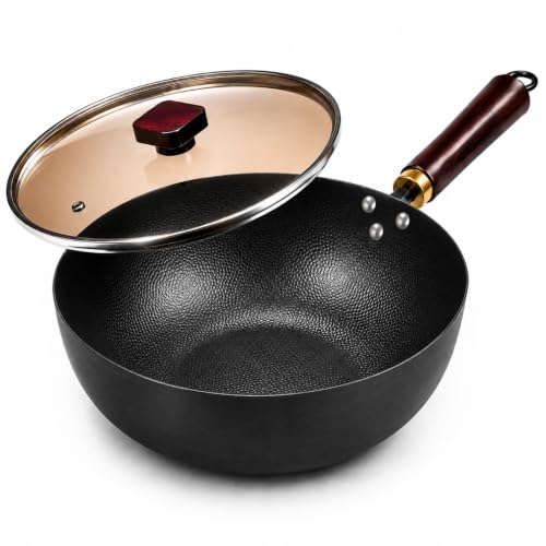 11-Inch Carbon Steel Wok with Flat Bottom & Detachable Handle – Deep Frying Pan for All Cooktops