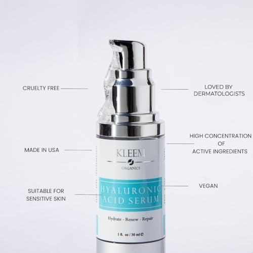 Kleem Pure Hyaluronic Acid Serum for Face with Vitamin C, Vitamin E & Green Tea | Anti Aging Hydrating Serum to Plump, Firm, Moisturize & Repair Skin | Plant-Powered Facial for Fine Lines | 1 fl oz