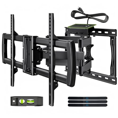 32-85 Inch Full Motion TV Wall Mount with Power Outlet - Dual Articulating Arms, Tilt, Swivel, Extension, Leveling, Fits 8-16 Inch Studs, Max VESA 600x400mm, Holds 132lbs