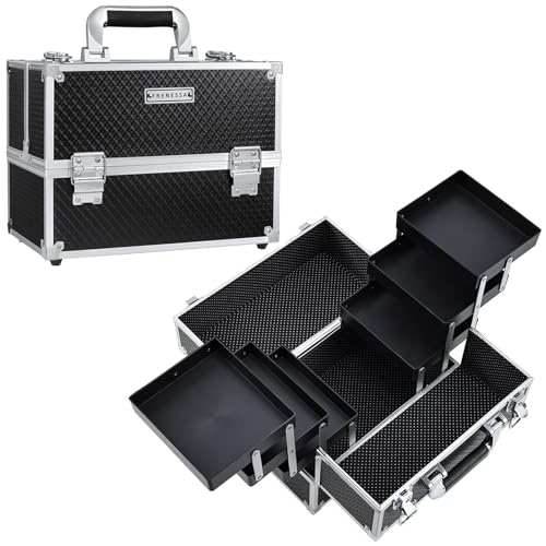 FRENESSA Black Makeup Train Case with 6 Trays 11.8 Inch Portable Cosmetic Organizer