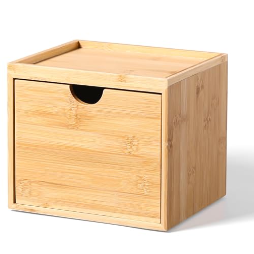 Bamboo Facial Tissue Holder with Drawer and Top Shelf for Bathroom Counter