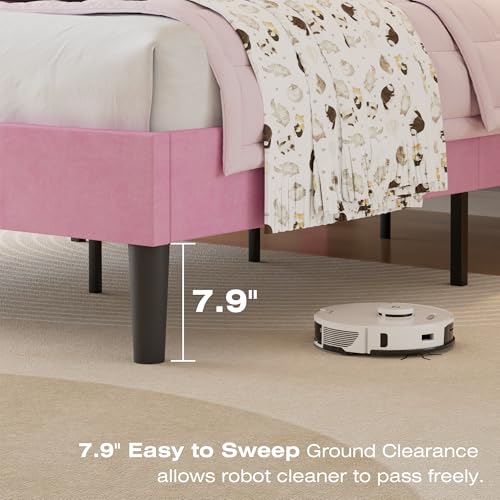 VECELO Twin Size Platform Bed Frame with Upholstered Pink Velvet Headboard - Easy Assembly
