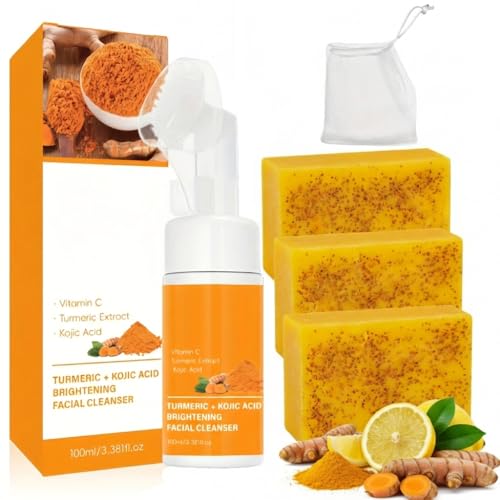 Turmeric Face Wash with Brush, Turmeric face wash & Turmerics Soap Set, Turmerics Facial Cleanser and Organic Skin Care Soap Set for Facial Deep Cleansing and Body Skin Care