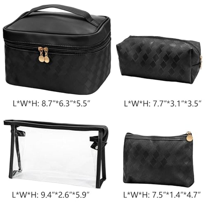 Hedume Set of 4 Makeup Bags, Black Leather Portable Travel Cosmetic Bag, Waterproof Cosmetic Bag Set, Multifunction Organizer Storage Bag for Makeup, Toiletries, Brushes and Accessories