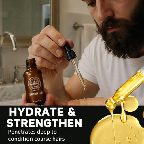 Sandalwood Beard Grooming Kit for Men - Travel Set with Oil & Balm, Toiletry Bag, Holiday Gift
