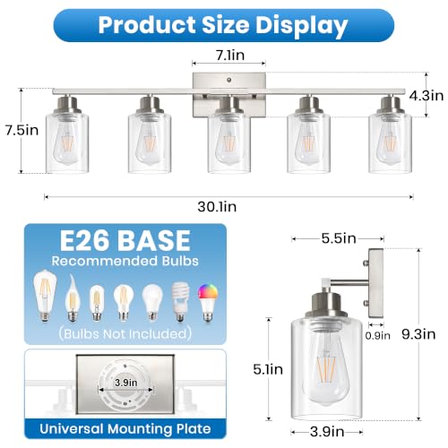 Brushed Nickel 5-Light Bathroom Vanity Light Fixture with Clear Glass Shades – Reversible Mounting