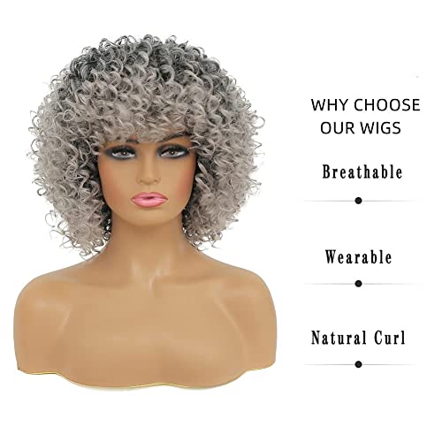Gray Afro Curly Wig with Bangs for Black Women - Ombre Short Hair, Adjustable Fit, Synthetic Fluffy Style - Variation of THIS listing