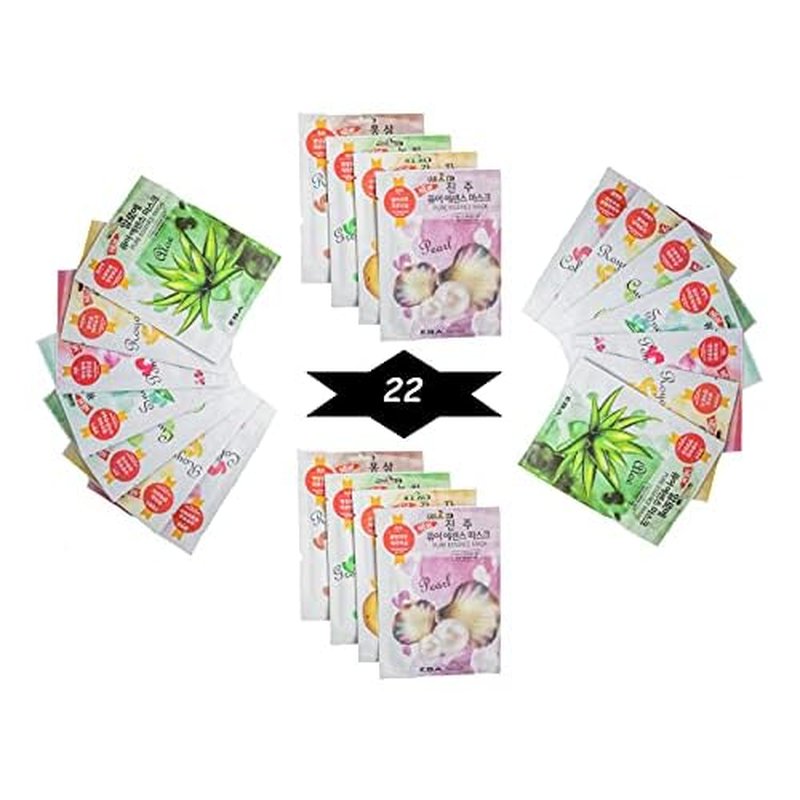 Eba nature} 22 Pcs Combo-Pack, Premium Korean Pure Essence Facial Mask Sheet (11 Types x 2 pcs), Five Chemical Free