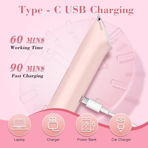 Hatteker 4-in-1 Women's Electric Razor, Dual-Head Body Hair Trimmer for Women, IPX7 Waterproof Rechargeable Bikini Trimmer & Facial Hair Remover for Legs, Armpits, Face, Nose, Eyebrows, Pink