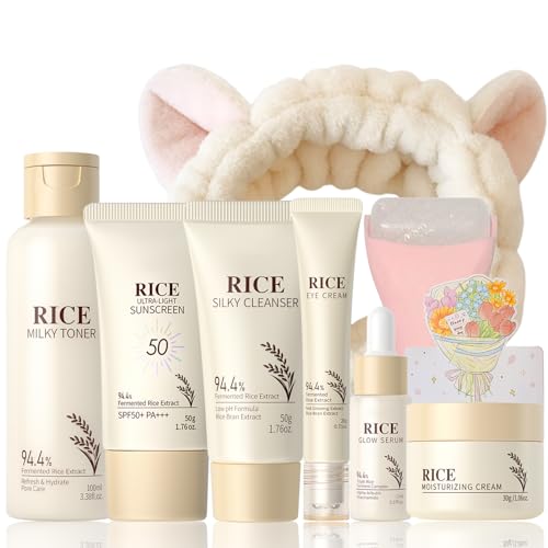 Rice Skincare Set for Women & Girls ? Korean Skin Care Set with Rice Cleanser, Toner, Serum, Face Cream, Eye Cream, Sunscreen, Ice Roller, Headband & Card ? Moisturizing & Skin Barrier Support (9PCS)