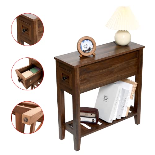 Narrow End Table with Drawer - Slim Nightstand for Living Room & Bedroom