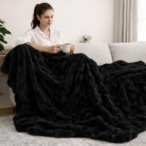 Ghouse Faux Fur Throw Blanket Black Twin 60x80 Inches Soft Cozy Couch Bedding