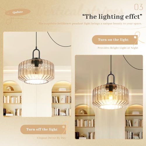 Amber Glass Plug-in Pendant Light with 14.7ft Cord & On/Off Switch - Modern Hanging Lamp for Living Room & Kitchen