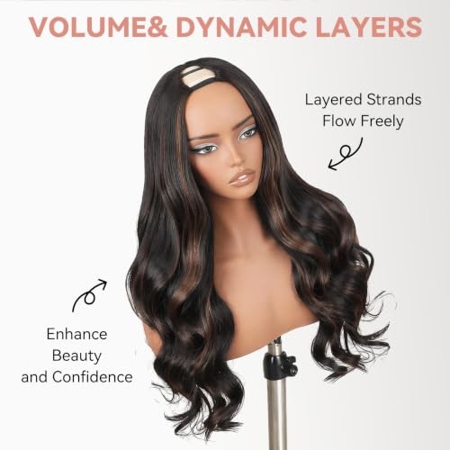 Wavy Clip-In Half Wig for Black Women Highlights Brown 24 Inch V Part Wavy Wig - No Leave Out, Glueless, Synthetic, Easy Style
