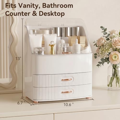 Makeup Organizer Countertop with Lid and 2 Drawers - White, Large Capacity