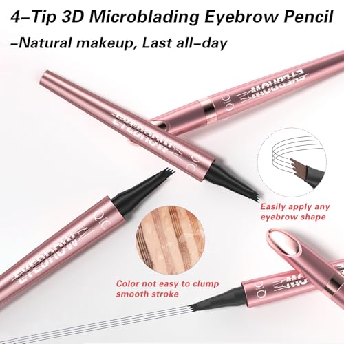 4 Pack 3D Eyebrow Pencil, 4 Tip Microblading, 24 Hours Smudge Proof Brow Pen, Brow Pen Makeup Natural Fine Stroke, Waterproof Eyebrow Pencil (Light Brown, Dark Brown, Grey, Black)