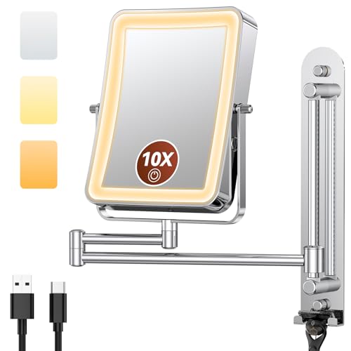 Height Adjustable Wall Mounted Lighted Makeup Mirror with Lights, 10X Magnifying Mirror for Bathroom, 7in Slide Rail and 360¡Æ Extended Arm, Rechargeable Wall Mirror with Dual Hooks for Hotel