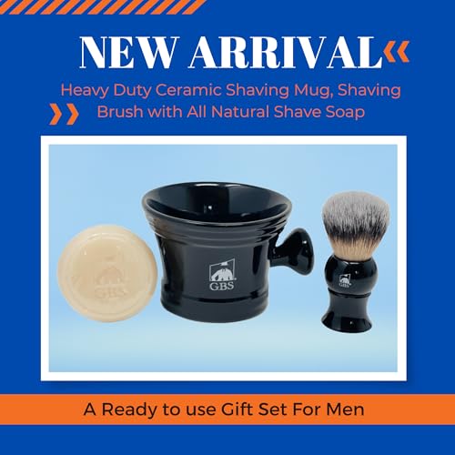 G.B.S GENTS Wet Shaving Kit - 4-Piece Set in Black Ceramic Bowl, Synthetic Brush, Stand & Shea Soap