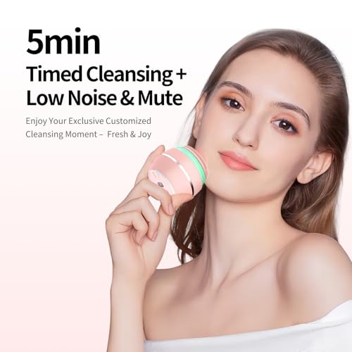 Pink Waterproof Silicone Facial Cleansing Brush with 6 Modes & 3 Light Effects - Rechargeable Deep Clean Scrubber for Women and Men