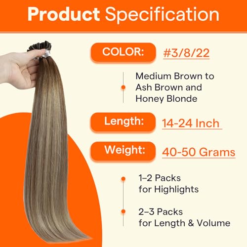 Full Shine U Tip Hair Extensions - Balayage Brown to Ash Blonde 18 Inch 50g with Variation A # 3/8/22