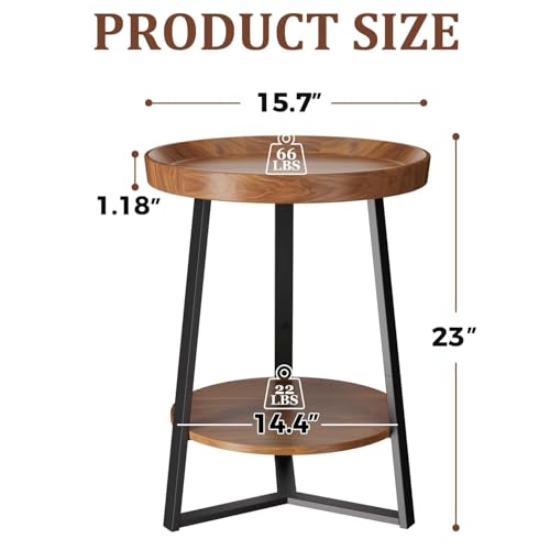 Round End Table with Storage Shelf - Brown 2-Tier Farmhouse Nightstand