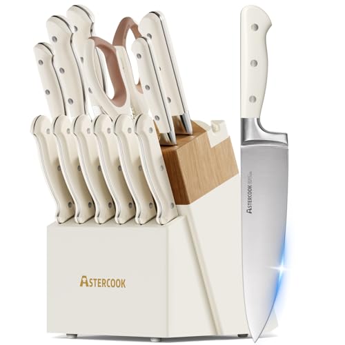 Cream White 14-Piece Kitchen Knife Set with Block & Sharpener - Full Tang Stainless Steel, Ergonomic Handle, Dishwasher Safe
