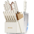 Cream White 14-Piece Kitchen Knife Set with Block & Sharpener - Full Tang Stainless Steel, Ergonomic Handle, Dishwasher Safe