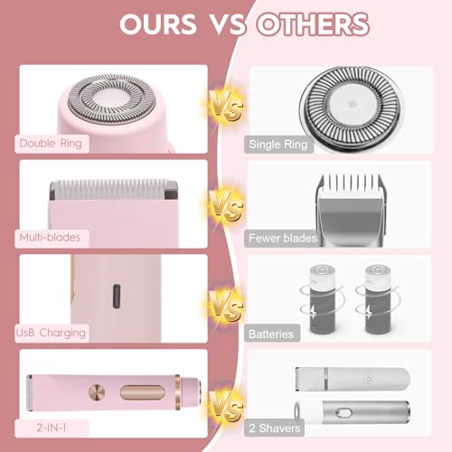2-in-1 Women's Electric Shaver & Bikini Trimmer ? IPX7 Waterproof for Face, Legs, Underarms ? Wet/Dry Use ? Cordless Hair Removal for Sensitive Skin (Pink)