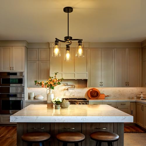 Black 3-Light Modern Dining Chandelier with Glass Shades - Farmhouse & Industrial Style