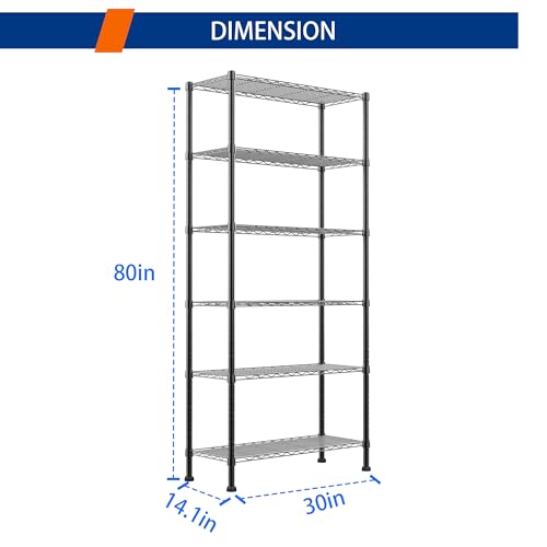 Black 6-Tier Wire Shelving Unit - Adjustable Metal Storage Rack for Laundry Kitchen Bathroom 14.1"D x 30"W x 80"H
