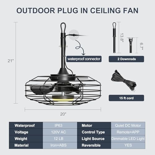 Coolbull 20'' Black Outdoor Ceiling Fan with Light & Remote - 3-Blade, Waterproof