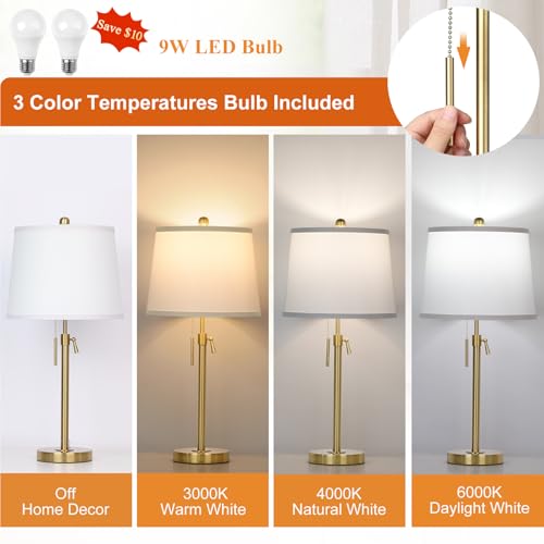 Adjustable 22-30 Inch Gold Table Lamps Set of 2 with White Shades & 3 Color Temperatures