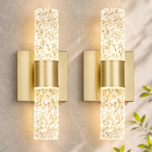 Crystal LED Wall Sconces Set of 2 - Gold Bathroom & Vanity Lights, Modern Crystal Wall Decor - Gold / 2 Light
