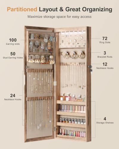 Nicetree 6 LEDs Jewelry Armoire Wall Mirror - Oak, Lockable & Space-Saving