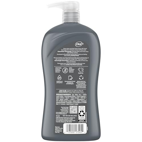 Dial Men 3 in 1 Body, Hair and Face Wash, Recharge, 32 Fl Oz, Cedar Leaf Scent, Cleanses Deep + Gentle on Skin with Clean Rinse Technology