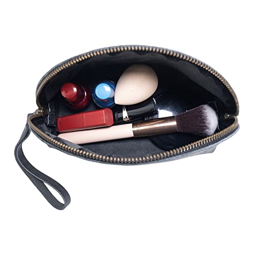 Hide & Drink Charcoal Black Leather Travel Makeup Organizer with Hand Strap
